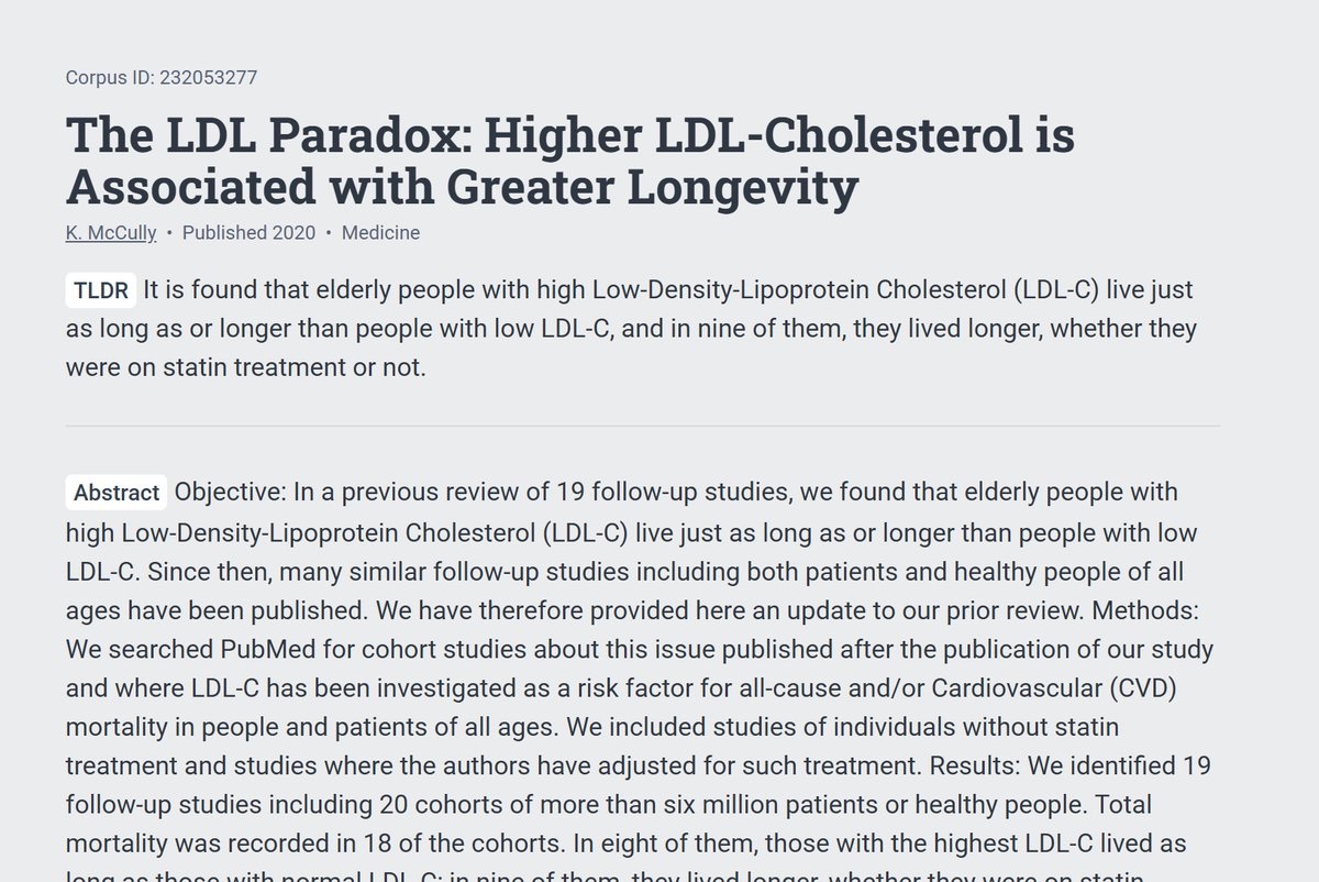 CaryKelly11's tweet photo. Doc still bothering you about statins?

Ask them about the LDL paradox.

A 2020 systematic review of 19 long term studies consistently found that older folks with high LDL lived just as long or longer than folks with normal or low LDL. https://t.co/OozJ78EAve