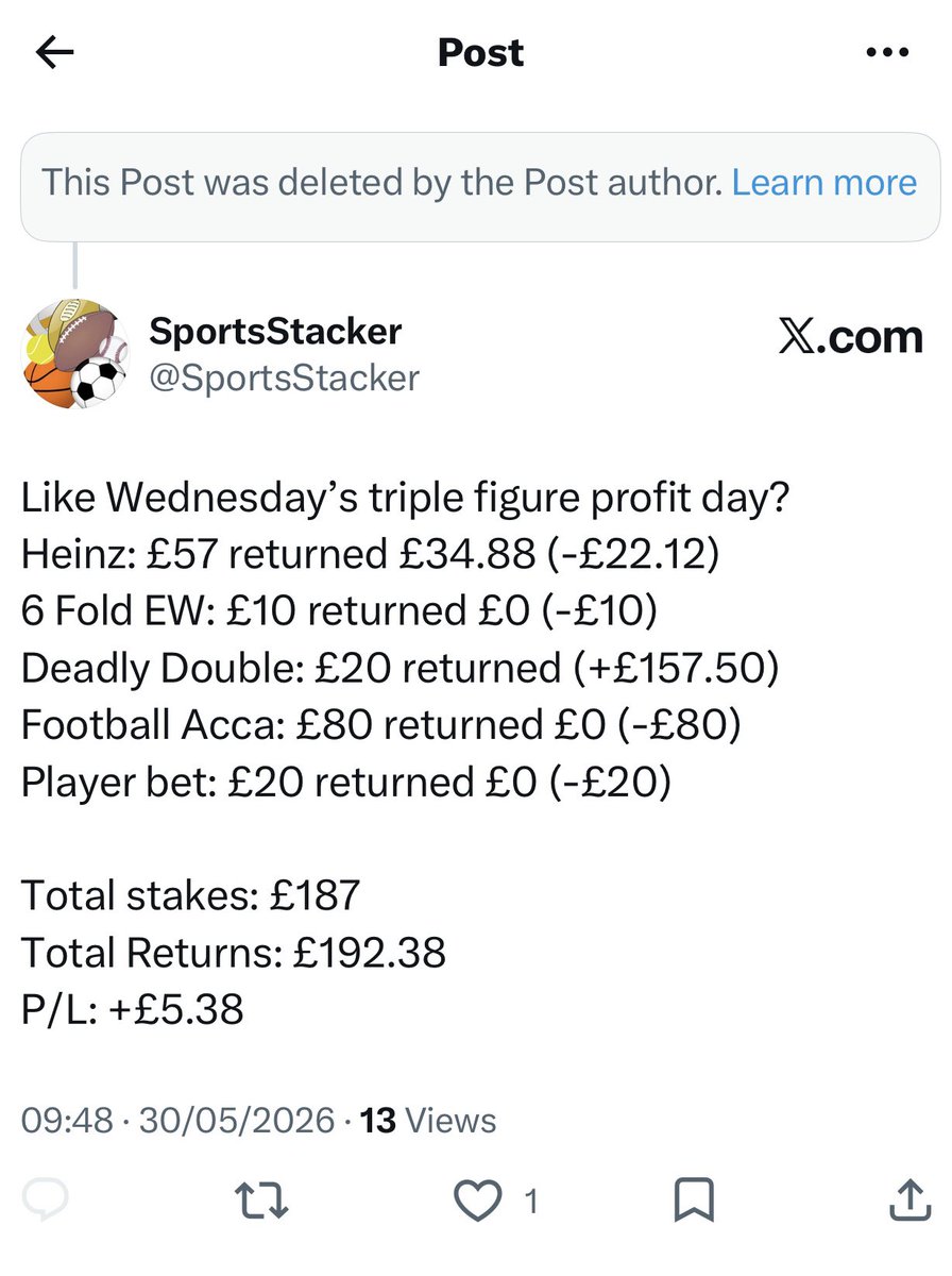 SportsStacker's tweet photo. Pugwall (@westbrom7777)
Just another useless grifter. Posting about non stop winners, but has only actually landed 4 bets in a week
Posted the facts and he deleted the post and blocked within 10 minutes
If you pay a ‘tipster’ and they don’t track P&L give your head a wobble https://t.co/80yN4zVVvY