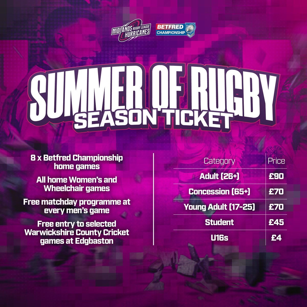 HurricanesRLFC's tweet photo. ☀️ Our Summer of Rugby half-season ticket is still available for fans to purchase! 

🔒 Secure your place for our 8 remaining Betfred Championship home games and benefit from:

- saving up to £46 on game-day prices;
- free parking for every game (£24 saving);
- free matchday programmes (£24 saving); and
- free entry to @WarwickshireCCC County and One Day Cup games! 

🎟️ Buy now: https://t.co/nQQwGoEGtR