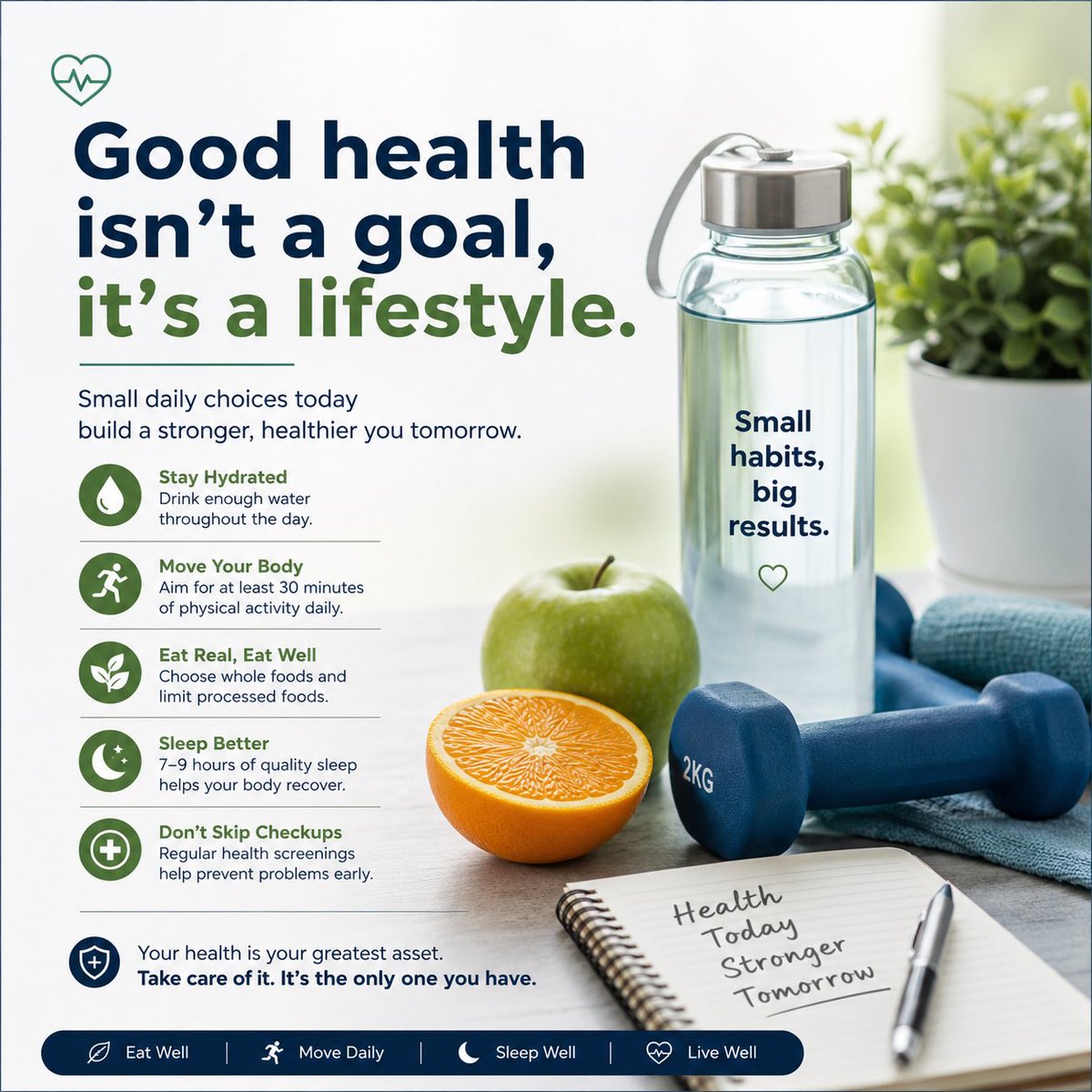 MadeCommunity1's tweet photo. Good health isn’t a goal it’s a lifestyle.

Stay active. Eat well. Sleep enough. Stay hydrated.

Small habits today, a healthier tomorrow. 

#MadeCommunity1
#MWellB https://t.co/ziDRPM3nLG