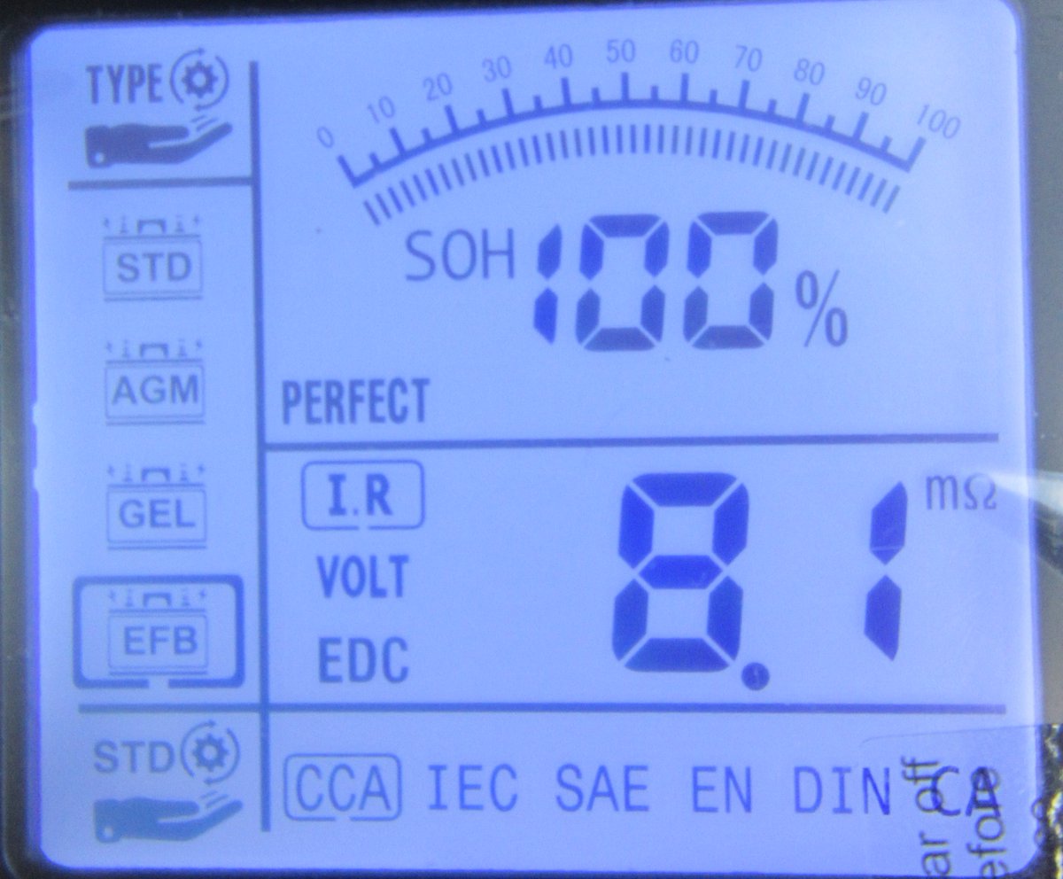 JI8FVB's tweet photo. 先日突然死したバッテリー。
誰かのせいにしないで普段から自分で詳細チェックくらいしておけと多方面からお叱りを受けたのでチェッカー引っ張り出してやりました。
まあ目安だから精密な診断機がある整備屋様に頼ってたというのもあるんですが。
で、充電不足だけどそんなに酷い状態でもないような？ https://t.co/AyHgb6yZfD