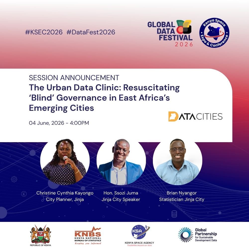 DataCitiesUg's tweet photo. What does data-driven governance look like in one of Uganda's newest cities? @jinjacity is heading to #GlobalDataFestival2026 to share exactly that.

Christine Cynthia Kayongo (City Planner), Hon. Ssozi Juma (City Speaker), and Brian Nyangor (Statistician) will be representing @jinjacity at our side event — "The Urban Data Clinic: Resuscitating 'Blind' Governance in East Africa's Emerging Cities" — bringing the voice of Uganda's cities to a regional conversation on evidence-based urban governance.

📅 04 June 2026  ⏰ 4:00 PM  📍 Nairobi, Kenya

#DataFest2026 #KSEC2026 #DataCities #UrbanData #DataGovernance
