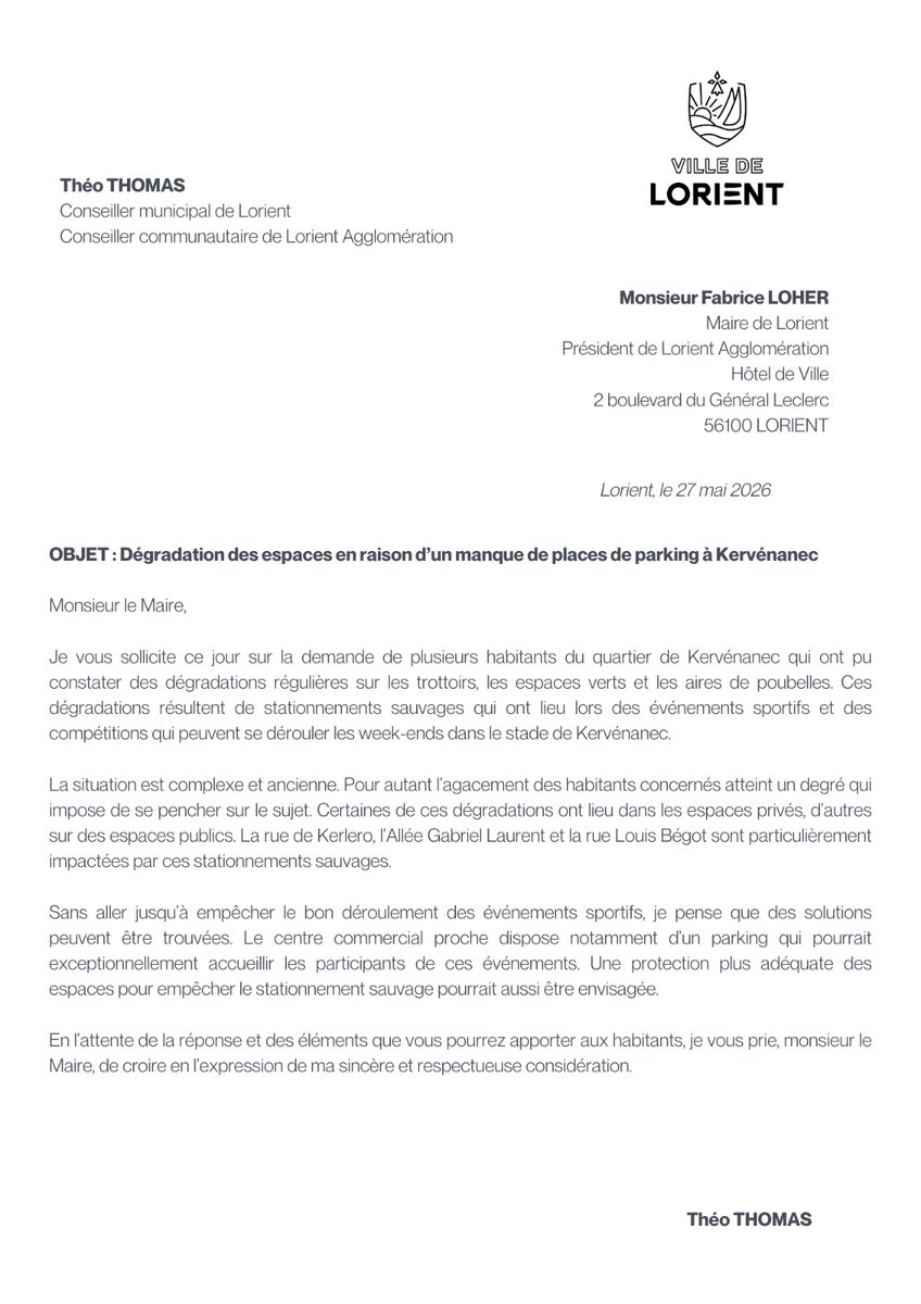 theothomas56's tweet photo. 📮 Interpellé par des habitants du quartier de Kervénanec au sujet de stationnements sauvages, j'ai adressé cette semaine une lettre au Maire à ce sujet.  

📧 Contactez-nous: rassembler.lorient@gmail.com https://t.co/zCmhFs8CI0