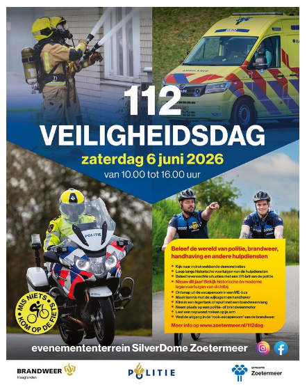 POL_RSC_DenHaag's tweet photo. 112 Veiligheidsdag in Zoetermeer

Wanneer: 6 juni 2026 
Tijdstip: 10:00 uur tot 16:00 uur
Waar: SilverDome, Van der Hagenstraat in Zoetermeer
KOM OP DE FIETS !!!
 
 https://t.co/H90qFtGDku

#DH247 #RegionaalServiceCentrum #Politie #PolitieEenheidDenHaag #RSCDHG #09008844  🚓🚒 🚑 https://t.co/J9brwDeSOg