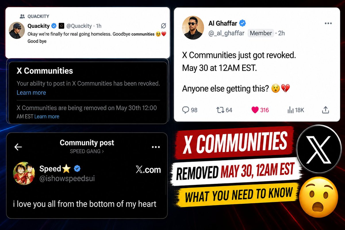 dhanushthings's tweet photo. 🚨 Today is the day X kills Communities forever (May 30 deadline)
Yes. it's happening. As @nikitabier 's announcement during april may 30th is the end of communities.

Official reason: 

Used by <0.4% of users. But most communities were all spam/scams/malware. 

I’m saying this is one of the best things for real growth in 2026. My feed is filled with community owners parting their final messages to their community members.

Why X is pushing XChat instead:
Public joinable group chat links.
Limits rising to 350 → 500 → 1000 members.
Forces higher-quality, direct engagement over ghost-town feeds.

If you were in Communities:
Are you migrating to XChat, staying fully public, or going elsewhere (Telegram/Discord)?

Drop your move 👇 The best strategies will come from these replies.

#Goodbyecommunities #Welcomexchat
