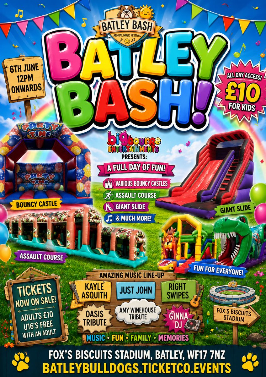 BatleyRLFC's tweet photo. 🗓 𝙊𝙉𝙇𝙔 𝙎𝙀𝙑𝙀𝙉 𝘿𝘼𝙔𝙎 𝙐𝙉𝙏𝙄𝙇 𝙏𝙃𝙀 𝘽𝘼𝙎𝙃!

👉 Live Music
👉 Hot Food
👉 Beer Garden
👉 Variety of Stalls
👉 Family Friendly Event
👉 Bouncy Castles & Assault Course 

What more could you want? Grab your tickets now!

🎟 Adults - £10
🎟 U16's - FREE
🎟 All Day Inflatable Access - £10

Available at:

https://t.co/scx4vuM0FB