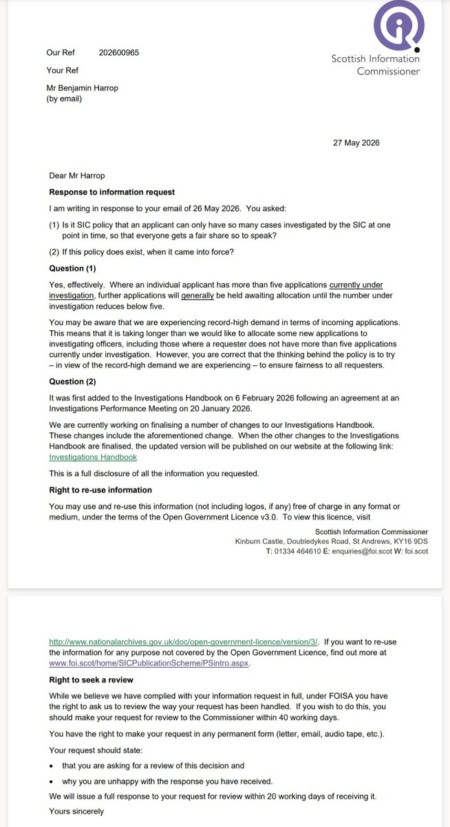 benjamin_harrop's tweet photo. The SIC in light of the record-high demand for appeals, have started limited the number of appeals they will investigate from one person at a time to 5. This limit raises serious Qs of transparency in Scotland, and again the need for the SIC's budget to be increased. Clearly https://t.co/psRoYQ7nZM