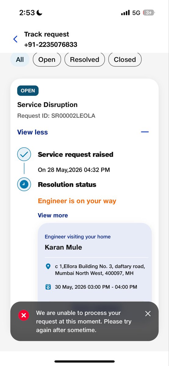 DevansshShah's tweet photo. @JioCare Unable to track engineer. @reliancejio @JioCare https://t.co/fNS9ChVTz4
