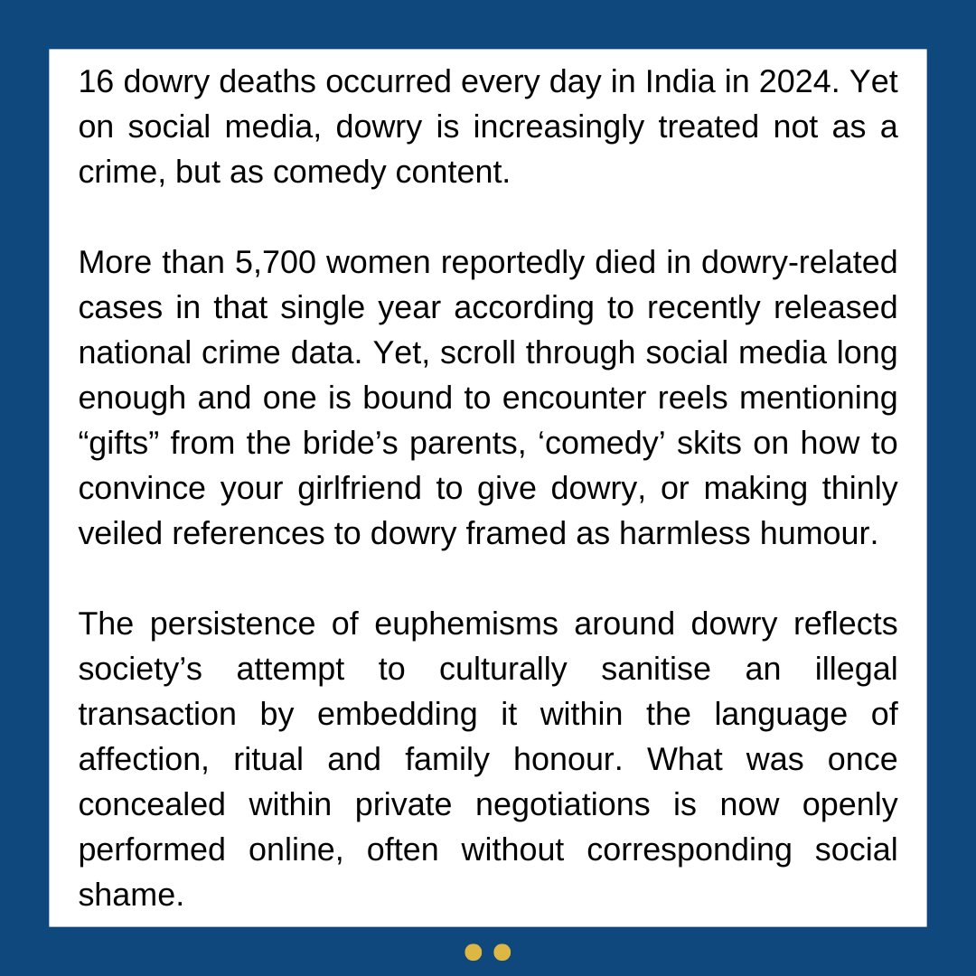 Article14live's tweet photo. When the social memory of dowry as a punishable offence begins to erode, what remains visible is not the brutality of the practice, but the joke built around it.

Lawyer @NainaJacob writes about how dowry is being treated not as a crime but as comedy content on social media https://t.co/YddKDoBqGf
