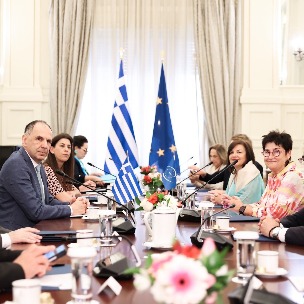 GreceParis's tweet photo. FM George Gerapetritis met tdy @GreeceMFA with
@PACE_President Petra Bayr, reaffirming #Greece’s strong support for @coe &amp; its steadfast commitment to human rights, democracy &amp; the rule of law. https://t.co/sGUWlcQ6dV