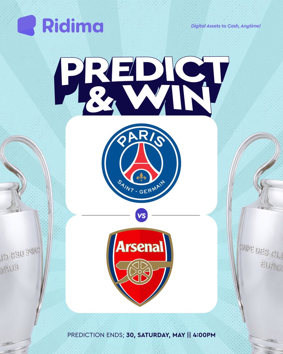 myridima's tweet photo. 🚨 PREDICT &amp; WIN 🚨

PSG Vs Arsenal 

Will randomly select 5 correct predictions to win ₦3,000 each!

Rules: 
• Follow @myridima
• Like and retweet our pinned post
• Drop prediction score in the comment of this post 👇

Multiple comments will get you disqualified! https://t.co/nUsArXLG2M
