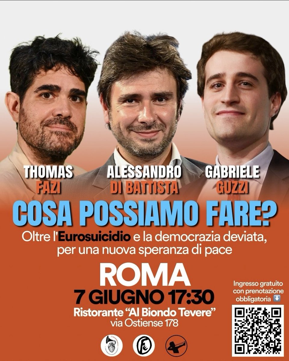 GabrieleGuzzi's tweet photo. Carissimi, c'è grande entusiasmo attorno a questo evento.

Ne siamo davvero felici.

Ci sono ancora dei posti, ma vi invitiamo a prenotarvi il prima possibile, e comunque di arrivare in anticipo il 7 giugno per assicurarvi il posto seduto!

COSA POSSIAMO FARE? Oltre l'EUROSUICIDIO e la DEMOCRAZIA DEVIATA - Di Battista e Guzzi, modera Fazi 

Link per prenotarsi: https://t.co/AYCNQTWp0A