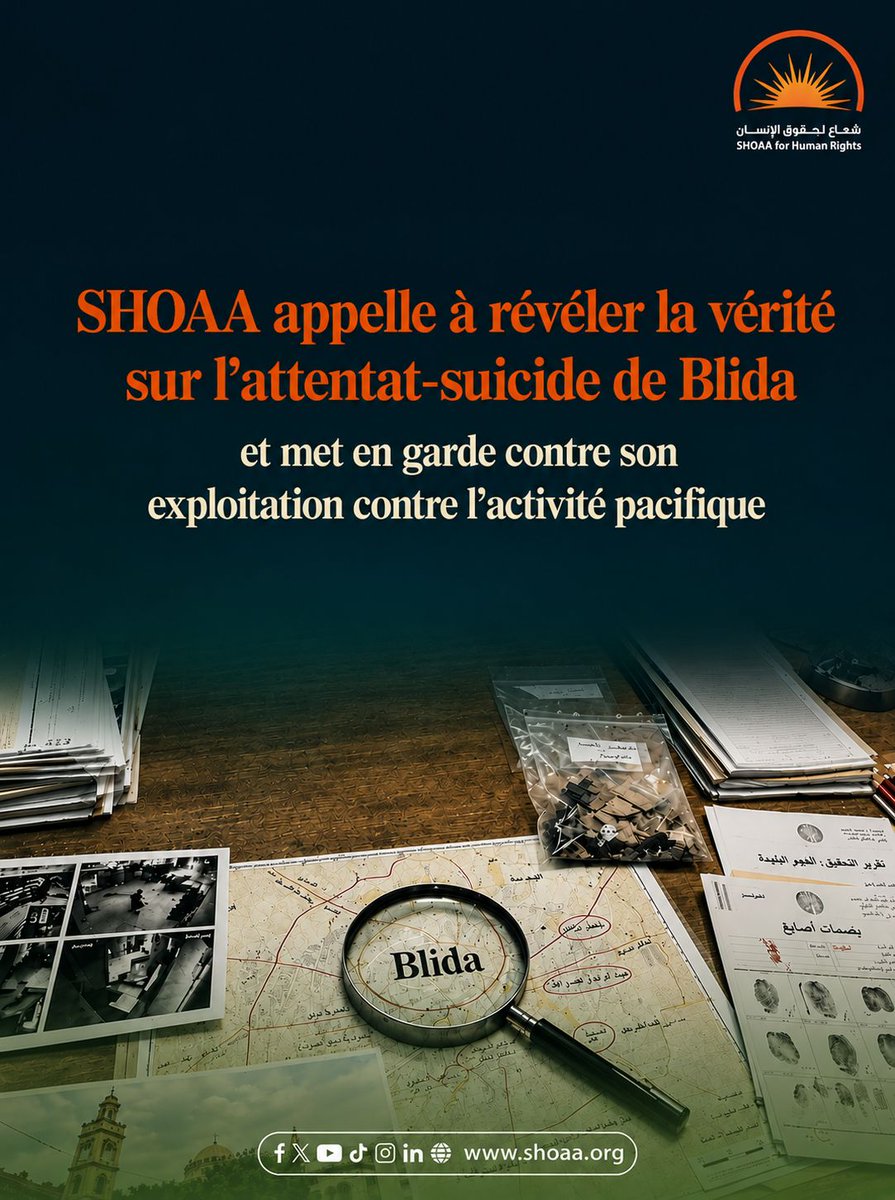 shoaa_org's tweet photo. 🟧 SHOAA appelle à révéler la vérité sur l’attentat-suicide de Blida et met en garde contre son exploitation contre l’activité pacifique

SHOAA pour les droits humains suit avec une profonde inquiétude la persistance de l’ambiguïté et du silence officiel des autorités algériennes concernant les images, vidéos et informations diffusées au sujet d’un double attentat-suicide terroriste qui aurait eu lieu dans la wilaya de Blida le 13 avril 2026. Cet événement a provoqué un large climat de peur et d’inquiétude parmi les habitants, en l’absence de clarifications officielles suffisantes confirmant ou infirmant les faits, ou informant l’opinion publique sur la nature des événements et l’évolution des enquêtes en cours.

L’absence d’un récit officiel clair a contribué à la propagation de rumeurs et de spéculations, soulevant des interrogations légitimes sur les limites du secret de l’enquête et sur le moment où celui-ci peut, dans les affaires touchant à la sécurité publique, se transformer en manque de transparence, de responsabilité et de respect du droit à l’information. L’accès à l’information est un droit constitutionnel garanti par l’article 55 de la Constitution algérienne et consacré par les instruments internationaux relatifs aux droits humains.

Par ailleurs, des informations concordantes et largement relayées indiquent que plus de 200 personnes auraient été arrêtées dans le cadre des enquêtes liées à ces événements, parmi lesquelles des activistes et des acteurs de la société civile, sans explications officielles précises concernant la nature de ces arrestations ni leur fondement juridique. Cela suscite des préoccupations en matière de droits humains concernant le respect des garanties légales et le rejet de toute suspicion collective élargie.

SHOAA réaffirme son rejet ferme de toutes les formes d’extrémisme, de violence et de terrorisme, et souligne la légitimité ainsi que la nécessité de lutter contre ces phénomènes afin de protéger la société et la sécurité du pays. Toutefois, cela ne dispense pas les autorités de respecter les principes de l’État de droit et les garanties d’un procès équitable, notamment le respect de la présomption d’innocence, le droit à la défense, la protection contre les détentions arbitraires et le contrôle judiciaire indépendant.

L’organisation souligne également que les normes internationales relatives à la lutte contre le terrorisme imposent de maintenir un équilibre entre la protection de la sécurité publique et le respect des droits et libertés fondamentaux. La définition du terrorisme doit rester précise afin d’éviter toute confusion entre les véritables menaces sécuritaires et les activités politiques ou de défense des droits humains exercées de manière pacifique. La transparence, le respect de la loi et l’indépendance de la justice constituent des garanties essentielles pour la stabilité et le renforcement de la confiance des citoyens, particulièrement dans un contexte international où la lutte contre le terrorisme est devenue un cadre central des relations internationales. Cela exige d’éviter l’utilisation des approches sécuritaires pour justifier les restrictions de l’espace civique et des libertés fondamentales.

En conséquence, SHOAA appelle les autorités algériennes à fournir de toute urgence des clarifications officielles transparentes concernant la réalité des informations diffusées sur l’attentat-suicide de Blida, à respecter le droit constitutionnel des citoyens à l’accès à l’information, à garantir l’ensemble des droits légaux de toutes les personnes arrêtées, et à renforcer le contrôle judiciaire sur le déroulement des enquêtes, tout en évitant toute exploitation politique ou sécuritaire de cette affaire visant les voix critiques, les opposants pacifiques ou la restriction des libertés fondamentales sous des prétextes sécuritaires vagues.

📌 Lire plus sur le site de SHOAA :
🔗 https://t.co/eEi4FTmQdh

#Algérie #DroitsHumains #LibertéExpression #ÉtatDeDroit