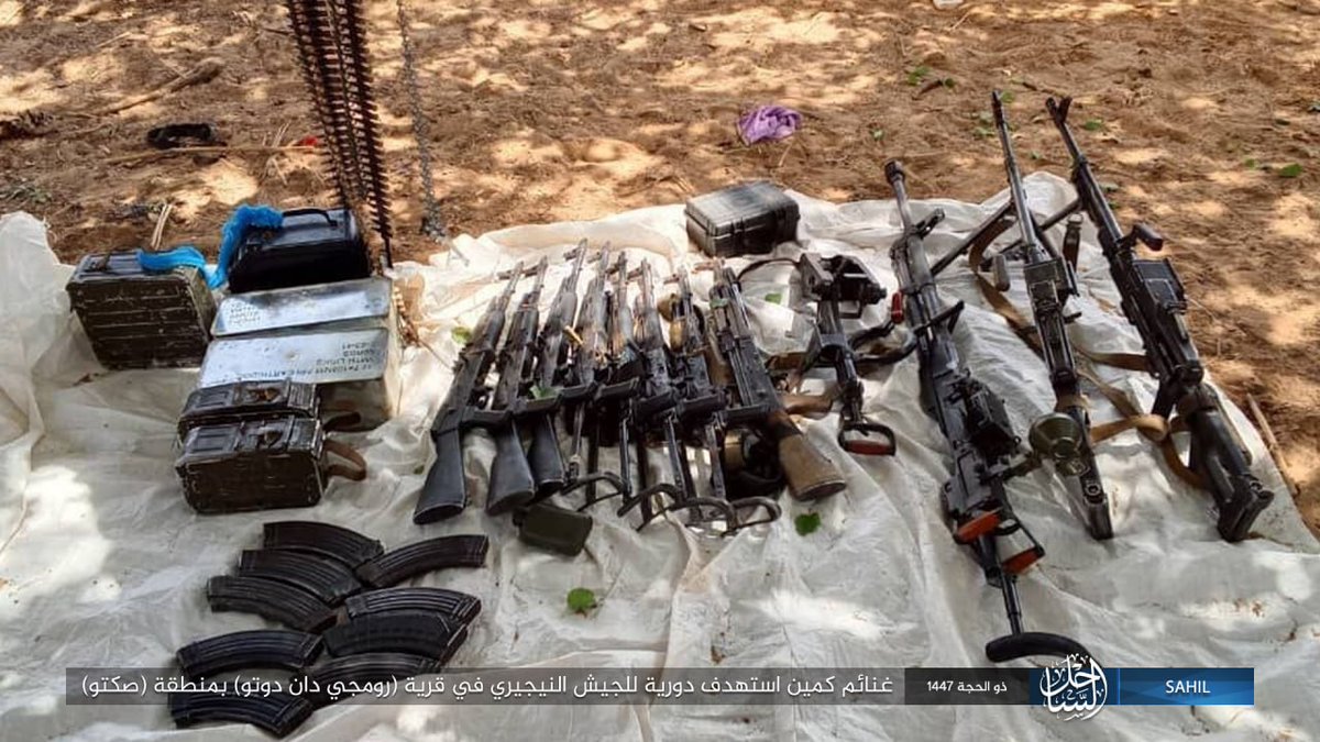 Sazedek's tweet photo. In confirmation of Al-Naba's report on ISSP in Northwest Nigeria, Islamic State has released pictures of seven Nigerian soldiers killed in an attack on the village of 'Rumji Dan Doto' in Sokoto state. It also released images of weapons captured during the attack. This matches the attack in Rumji reported by the media around the same time, which was then attributed to Lakurawa. Two of the latest images also match those released in Al-Naba.

In the Al-Naba announcement, IS had claimed two attacks in Northwest Nigeria, including the 24 March attack in Shanga, Kebbi state, carried out by Lakurawa. ISSP has not released photos from the Shanga attack.

The confirmation of ISSP's presence in northwestern Nigeria adds to the complexity of the conflict in the Northwest, and possibly the Northcentral as well.
