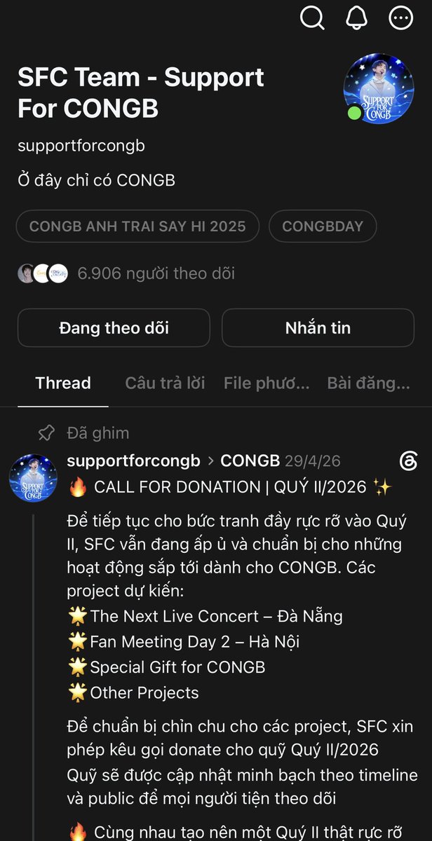 cucda134340's tweet photo. Hi everyone! Most CONGB fans are active on "Threads". We’ve supported him through different shows and milestones, and we also have fan funds for those who’d like to donate and support his activities

#CONGB #CONG #콩비 #TinhHaSayHi https://t.co/1JBq8VALQI