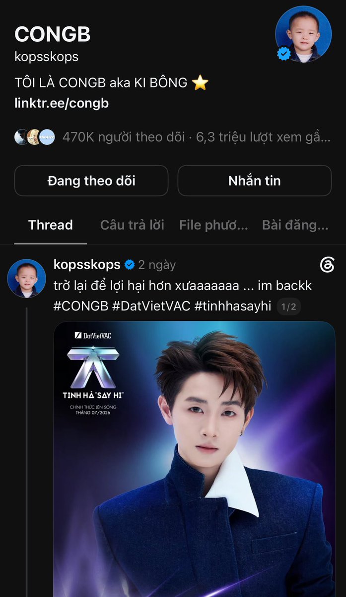 cucda134340's tweet photo. Hi everyone! Most CONGB fans are active on "Threads". We’ve supported him through different shows and milestones, and we also have fan funds for those who’d like to donate and support his activities

#CONGB #CONG #콩비 #TinhHaSayHi https://t.co/1JBq8VALQI
