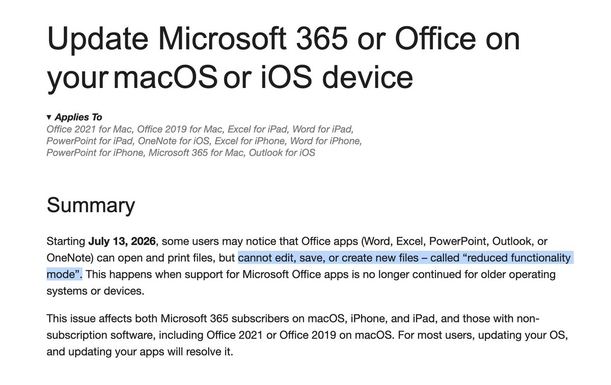 shouldbeshippin's tweet photo. i just got an e-mail from microsoft, they are remotely trashing my office on my mac. starting july 13, i will not be able to create, edit and save documents using the digital copy i bought for a one-time $120. 

absolutely furious about this. i use word and excel everyday on my M1 macbook, specs and environment will not change, yet a remote server will tell my office to block document editing!?

i bought a copy exactly to prevent this situation ever happening, to use it offline, to edit private documents locally, to avoid subscription and the online editor hell that comes with it. i need to find an alternative that lasts.