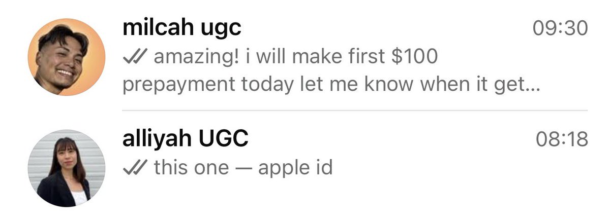 genue's tweet photo. day 4 scaling aya photo app with UGC creators: 

60 cold emails through tik tok search “canvas ugc” or “tech ugc”, 7 answers, 1 call, 1 signed creator. the second one came by recommendation of the first one 

most of answered email is out of budget like $200 for a video. my initial offer is $20 +$2 cpm but i can go to $30 after negotiations