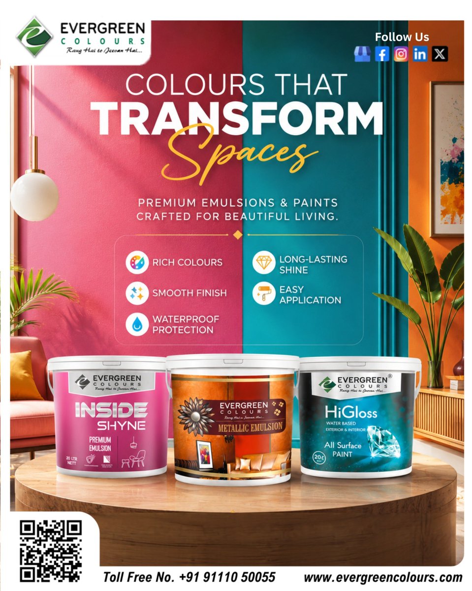 colours_limited's tweet photo. Rang Hai to Jeevan Hai... 🌈 Transform your spaces with premium emulsions crafted for beautiful living. From bold statements to smooth, elegant finishes, Evergreen Colours has the perfect shade and shine for every wall. https://t.co/5S9CVN1sGp