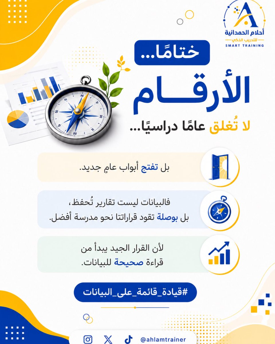 ahlamtrainer's tweet photo. 📊 في نهاية كل عام دراسي

لا تكمن القيمة الحقيقية في حجم البيانات التي جمعناها، بل في جودة القرارات التي نبنيها عليها.

📈 لأن كل قرار أفضل… يبدأ بقراءة أفضل للبيانات.

#قيادة_قائمة_على_البيانات
#التقويم_الذاتي
#القيادة_المدرسية
#تحسين_الأداء_المدرسي 💛🌻 https://t.co/DL5NCcCXJ5