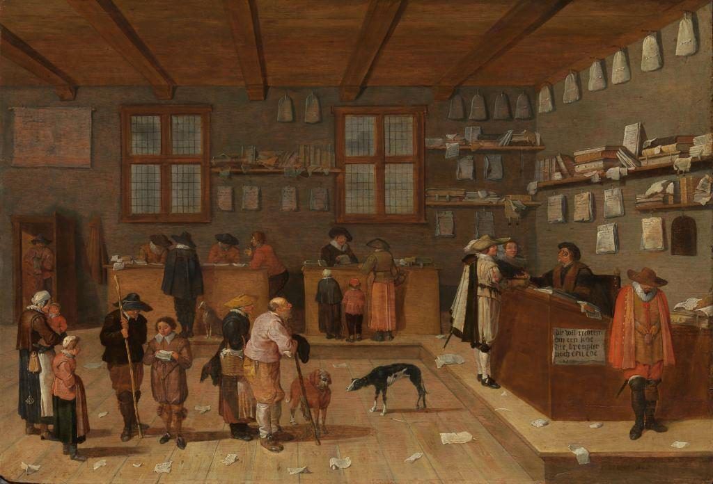 ArchiefAlkmaar's tweet photo. We komen tijdens het scannen van archiefstukken regelmatig interessante en bijzondere dingen tegen. Dit keer werden we verrast door een 18de-eeuws juten zakje, waarin de bijbehorende documenten ooit werden bewaard.

Veel oude archiefstukken hebben een vouw door het midden – zeker in oud-rechterlijke archieven kom je dat vaak tegen. Dat is omdat de documenten ooit in dit soort zakjes werden opgeborgen en ingeleverd bij de rechtbank. Er werd vervolgens een stukje papier aan vastgemaakt, waarop werd vermeld wat de inhoud van de documenten was. Vaak zaten er koordjes aan, waarmee ze aan de muur werden opgehangen – in ons geval zijn die koordjes niet (meer) aanwezig. Als een proces startte of in behandeling was, dan ‘hing de zaak’ dus letterlijk aan de muur, tot de documenten na het proces definitief werden opgeborgen. 

In de archieven worden de documenten niet meer opgevouwen in de zakjes bewaard, maar uitgevouwen in zuurvrij papier. In onze collectie zijn de meeste zakjes niet bewaard gebleven, dus het is bijzonder als we er eentje tegenkomen. 
Dit zakje en de bijbehorende documenten komen uit het archief van de families De Dieu, Fontein Verschuir en Van der Feen de Lille. Het gaat om de akte waarmee Ludovicus de Dieu werd benoemd tot secretaris van de desolate boedelkamer te Amsterdam, in 1756. Er zitten ook kwitanties voor zijn ambtsgeld en een bewijs van Ludovicus’ doop bij. Het stuk werd gedigitaliseerd voor onze gratis ‘scannen op verzoek’-service. 

Zodra de documenten en het zakje online staan, kun je die hier bekijken: https://t.co/p7k1TOwbkG 

📃 1: Het juten zakje en de bijbehorende documenten. 
🖼️ 2: ‘Het kantoor van de advocaat’ door Pieter de Bloot, 1628, met proceszakken aan de wand. Rijksmuseum Amsterdam. 
📃 3: Detailfoto van het zakje met beschrijving van de inhoud.