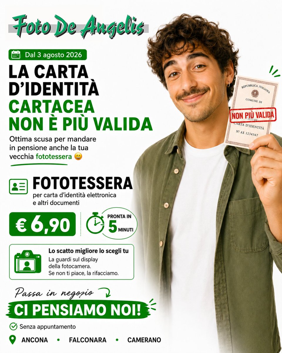 fotodeangelis's tweet photo. 📸 Carta d’identità cartacea da rinnovare?

Dal 3 agosto 2026 non sarà più valida: meglio pensarci per tempo 😉

Da Foto De Angelis la fototessera è pronta in 𝟱 𝗺𝗶𝗻𝘂𝘁𝗶 ⏱️, costa  𝟲,𝟵𝟬€ ✨

📍 Ancona • Falconara • Camerano

#FotoTessera #CartaIdentità #FotoDeAngelis https://t.co/DDD7sXelxV