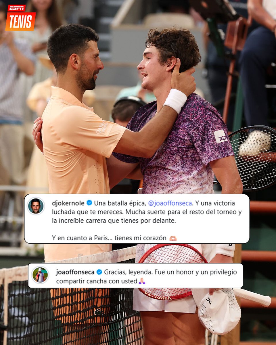 ESPNtenis's tweet photo. Djokovic y Fonseca se dedicaron unas lindas palabras en redes sociales. ♥️

#RolandGarros https://t.co/kZwhM9GeOy
