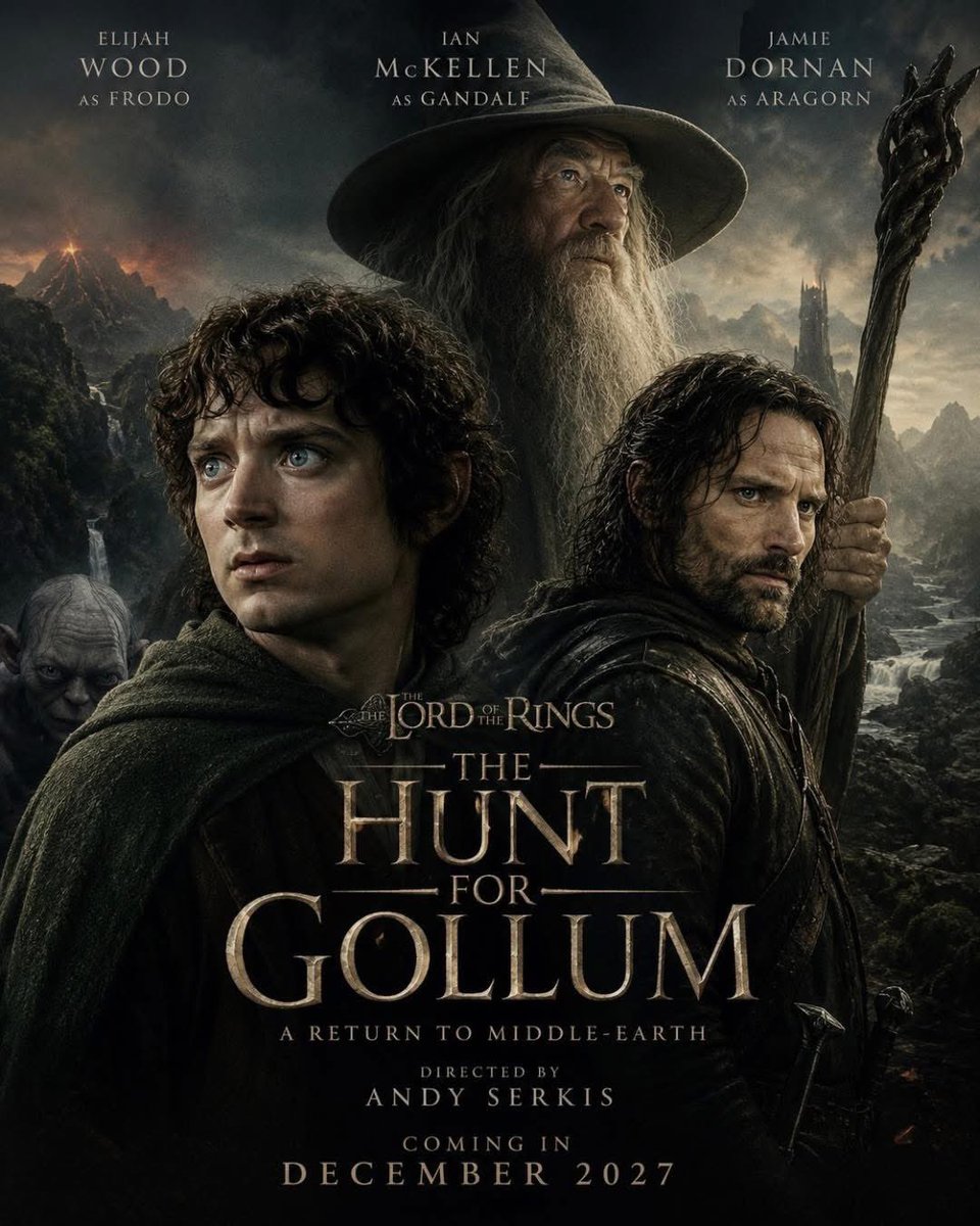 ToIkienverse's tweet photo. “El Señor de los Anillos: La Caza del Gollum” está oficialmente programada para llegar en diciembre de 2027.

La película será dirigida por Andy Serkis, quien convirtió a Gollum en uno de los personajes más emblemáticos de la historia del cine. Peter Jackson ofrecerá su apoyo como productor.

Se espera que el proyecto cuente con gran parte del cast original: Elijah Wood volviendo como Frodo Bolsón, Sir Ian McKellen regresando como Gandalf, Lee Pace regresando como Thranduil, así como la llegada de nuevos actores como Jamie Dornan interpretando a Aragorn, Kate Winslet interpretando a Marigol (abuela de Gollum) y Leo Woodall como un montaraz.

La película explorará uno de los capítulos más importantes no contados en la Tierra Media. Antes de los eventos de La Comunidad del Anillo, Gandalf y Aragorn buscaron en secreto a Gollum en un esfuerzo por descubrir lo que sabía sobre el Anillo, la Comarca y cierto hobbit llamado Bolsón.

Estas navidades, la Tierra Media volverá a la gran pantalla. Y yo no puedo esperar.