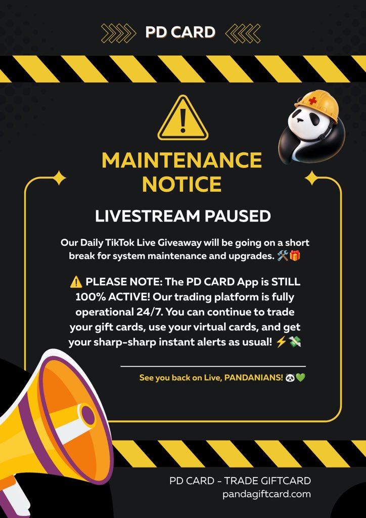 PDGiftcard's tweet photo. ๐จ QUICK UPDATE, TRADERS! ๐จ
Our daily TikTok Live is temporarily on hold for system maintenance and upgrades! We are preparing something bigger for you! ๐ ๏ธ๐ผ
#PDCard #GiftCardTrading #Nigeria #giftcards https://t.co/g342k1oXPf