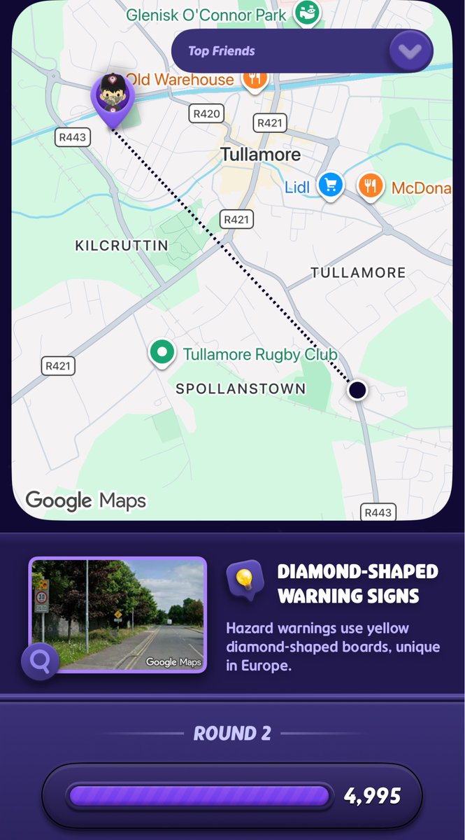 miloenjoy's tweet photo. 5月30日のGeoGuessr Daily Challengeは、国当て4/5（🇮🇩🇮🇪🇹🇭🇫🇷❌）で、またも最後に崩れて1.7万点台止まり🥈 終了間際にSampit🇮🇩を見つけたが間に合わなかったR1。道路番号精査でTullamore🇮🇪に入ったR2。何もわからず、根本的に間違えたR5。 https://t.co/zv13PvDWw9