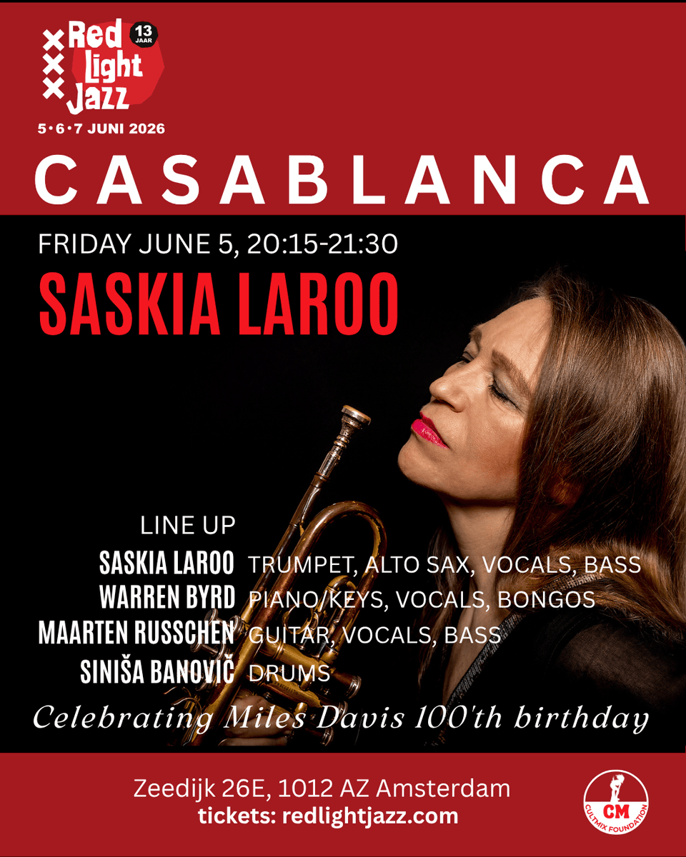 saskialaroo's tweet photo. Friday, June 5, I’ll be back at the legendary jazz club Casablanca on the Zeedijk during the 13th edition of the Red Light Jazz Festival in Amsterdam.
Tickets:
https://t.co/2zF732xPiT
Join us for a groovy, jazzy and soulful Red Light Jazz night in the heart of Amsterdam https://t.co/9GkEY5sSum