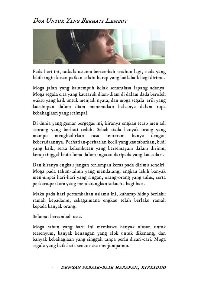 kireiddo's tweet photo. Selembar catatan kecil bagi seorang yang berhati teduh. Tiada banyak yang hendak disampaikan selain harap agar hidup berlaku ramah kepadamu, sebagaimana engkau telah berlaku ramah kepada banyak orang.

Selamat bertambah usia bagimu yang berhati lembut, #youngjae. https://t.co/3RhteyYAn8