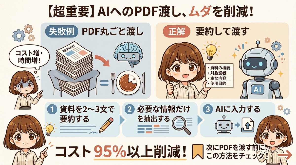 Rio_working's tweet photo. AIにPDFを丸ごと渡すのって、
フルコース頼んで一口しか食べてないのと一緒！

「全部読ませた方が正確そう」と思いがちですが、
実はコストも時間もムダが多いです。

先にやることは、2〜3文で資料を要約するだけ。

入れるのは4つ。
・何の資料か
・誰向けか
・何が書いてあるか
・何に使いたいか

PDF丸ごとではなく、必要な情報だけ渡す。
これだけで、コストを約95%以上削減できることも。

保存して、次にPDFを渡す前に使ってくださいね👇
#コスト管理　＃資料作成