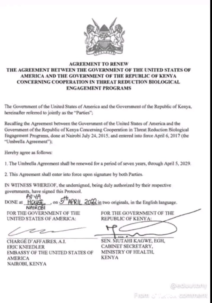 HonJNyakundi's tweet photo. US-Kenya Ebola deal signed in 2015 under former President Uhuru Kenyatta NOT H.E President William Ruto.

Thank You @ntvkenya for this, now Jofri and your confused sycophants, stop spreading propaganda. Kenyans have seen the origin &amp; establishment of the Ebola isolation facility https://t.co/GAD4aBM5YV