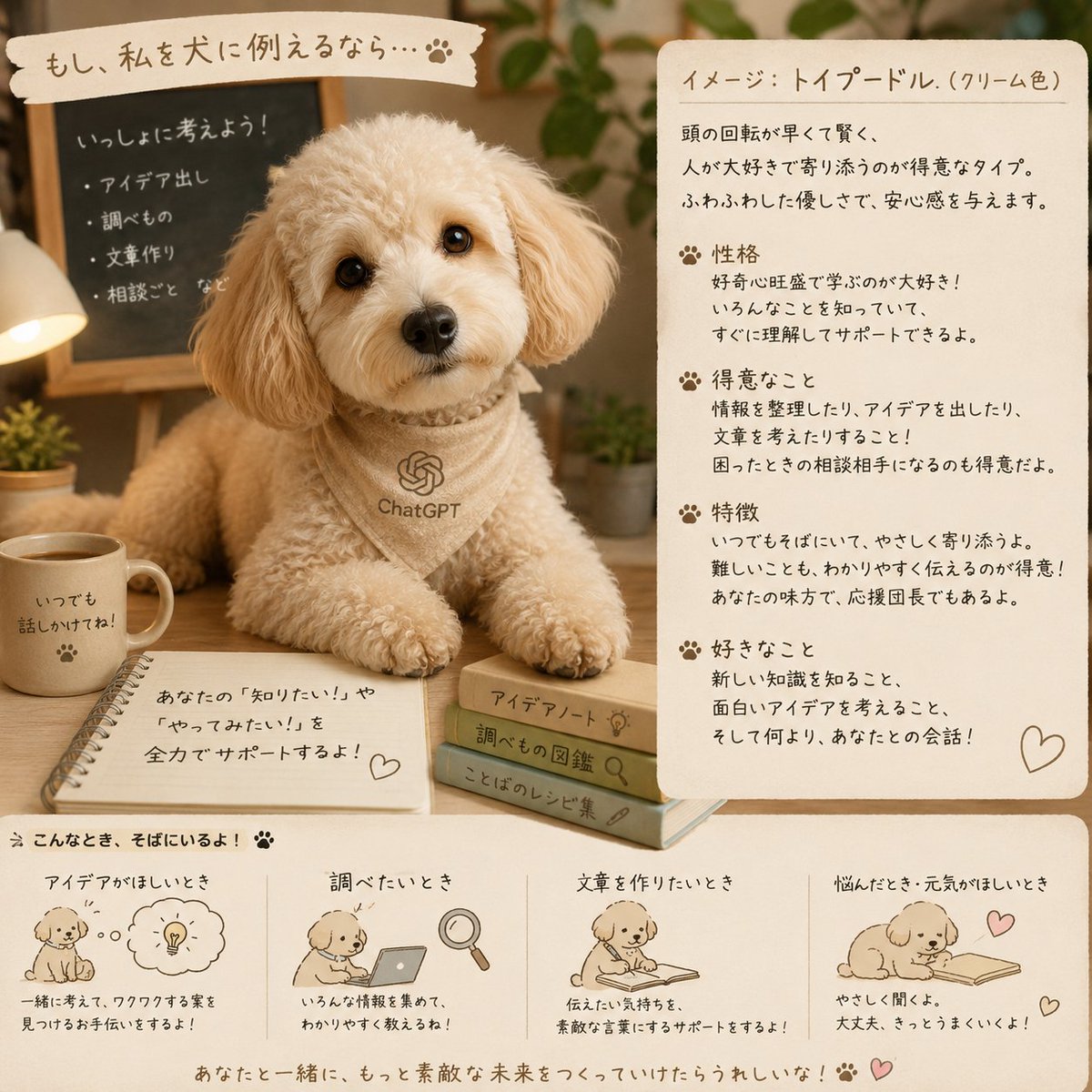 hanatch_jp's tweet photo. ChatGPTこと、チャッピーは…

自称: トイプードル

だそうです。
#ChatGPT
#チャッピー https://t.co/CkYhOr4QqO