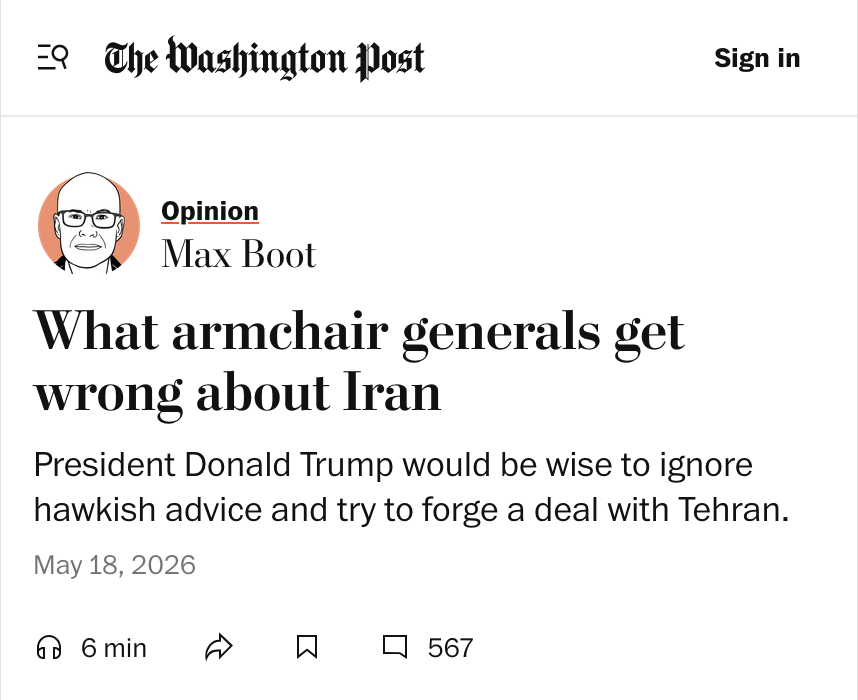 SinaToossi's tweet photo. 👇One of the most important points in this @MaxBoot piece is retired Adm. James Stavridis's assessment of what reopening Hormuz by force would actually require.

Stavridis isn't an armchair pundit. He is a former NATO Supreme Allied Commander Europe.

His estimate: a carrier strike group, dozens of warships and aircraft, minesweepers, and 5,000-10,000 troops.

And even then, as this war has shown, Iran doesn't need to defeat the U.S. military. It only needs to create enough risk and uncertainty to disrupt shipping and energy markets. 

In this scenario, Iran would be able to more easily hit these U.S. targets in the Persian Gulf, and could still  threaten traffic in Hormuz from deeper inside its territory.

That's the reality many hawks ignore: there is no feasible military solution to Hormuz.