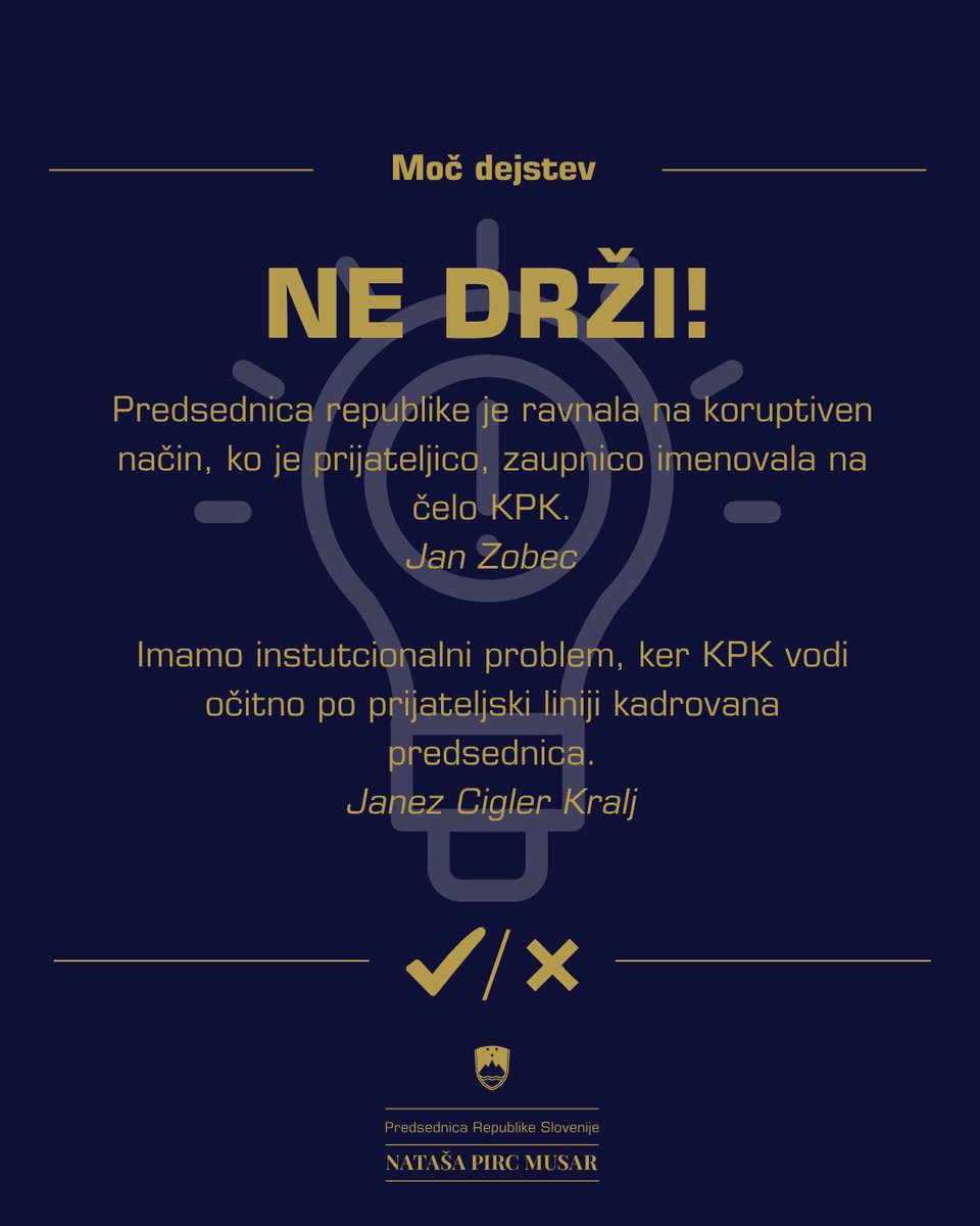 nmusar's tweet photo. "Predsednica republike je ravnala na koruptiven način, ko je prijateljico, zaupnico imenovala na čelo KPK." Jan Zobec ❌

"Imamo instutcionalni problem, ker KPK vodi očitno po prijateljski liniji kadrovana predsednica." Janez Cigler Kralj ❌

❌Ne drži!❌

Preberite si več v rubriki Moč dejstev na moji spletni strani.

🔗: https://t.co/0U1rJkdJXb