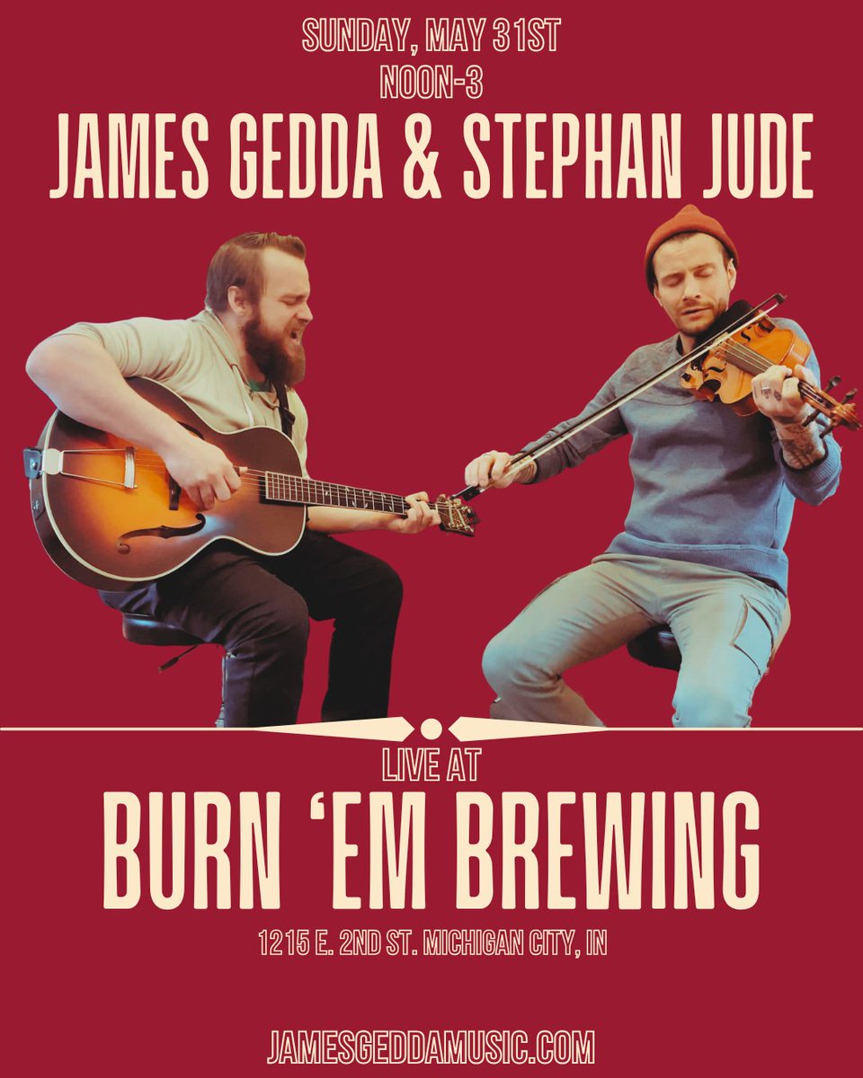 JamesGedda's tweet photo. Got a fun weekend of tunes ahead with my brother Stephan Jude!

TONIGHT: Bugaboo's in Cedar Lake, IN from 8-11

TOMORROW: Burn 'Em Brewing in Michigan City, IN from Noon-3

Come join us if you can! https://t.co/B2X04Mevje