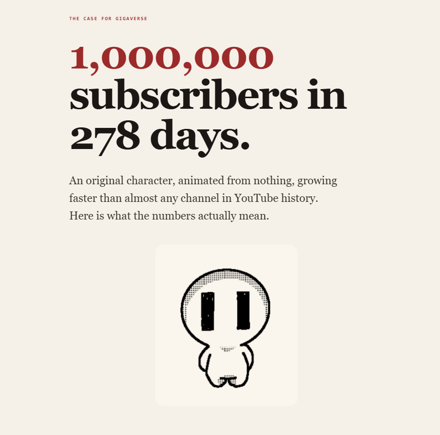 0xDith's tweet photo. Congratulations to Giga Noob, to our community, and to our hardworking team for 1M+ YouTube subs.

The first of many milestones on our journey to become the biggest IP in the industry.

I am feeling happy and optimistic about the future. https://t.co/cd4ZclWcuL