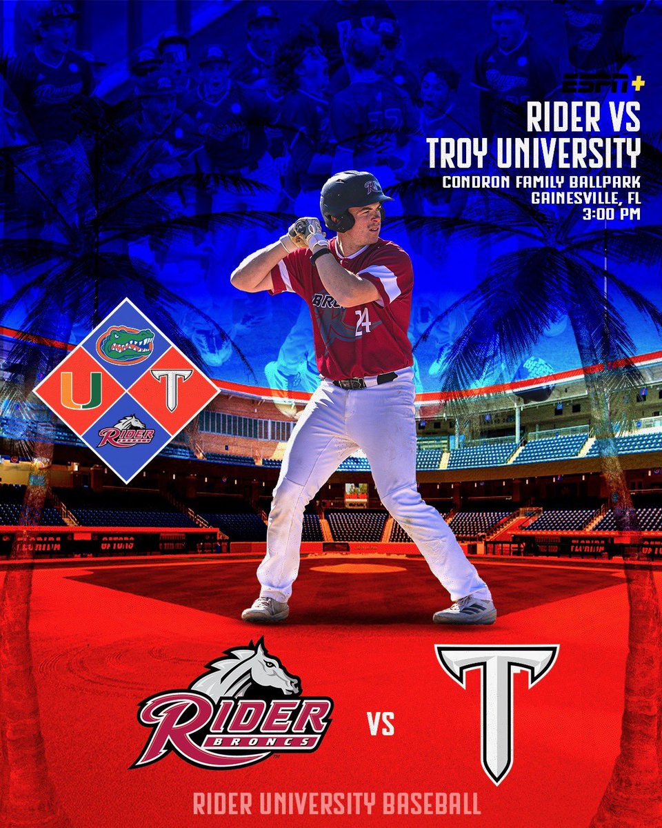 RiderUBaseball's tweet photo. Regional day ✌️

🆚(3) Troy
⏰3:00 PM
📍Gainesville, FL
🏟️Condron Family Ballpark 
📊 https://t.co/Jnn0YcjYmB…
📺 https://t.co/kyxYrXxzDf…

#GoBroncs | #MAACBaseball | #NCAABaseball https://t.co/SF6SeWLECf