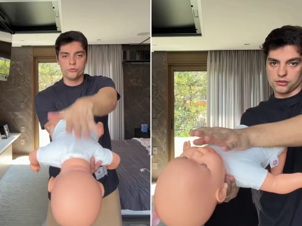 g1's tweet photo. Você sabe fazer a manobra de desengasgo? Influenciador Lucas Bley salva filha e acende alerta sobre primeiros socorros: https://t.co/sYJbLHACZn #g1 https://t.co/foTWauyMDw