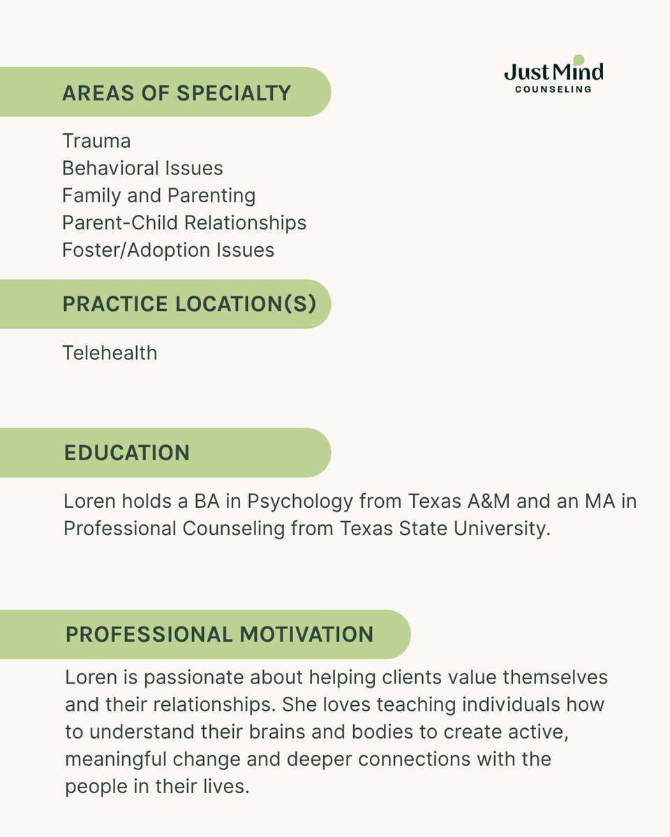 JustMind's tweet photo. Meet Loren Lomme, LPC, RPT

Loren works with children, adolescents, and parents, bringing a specialized focus on how nervous system regulation affects behavior and emotions.
#JustMindCounseling #AustinTherapist #EMDR #ParentingSupport #MentalHealth #TelehealthTherapy #MeetTheTeam https://t.co/pZ2a7xwqpt