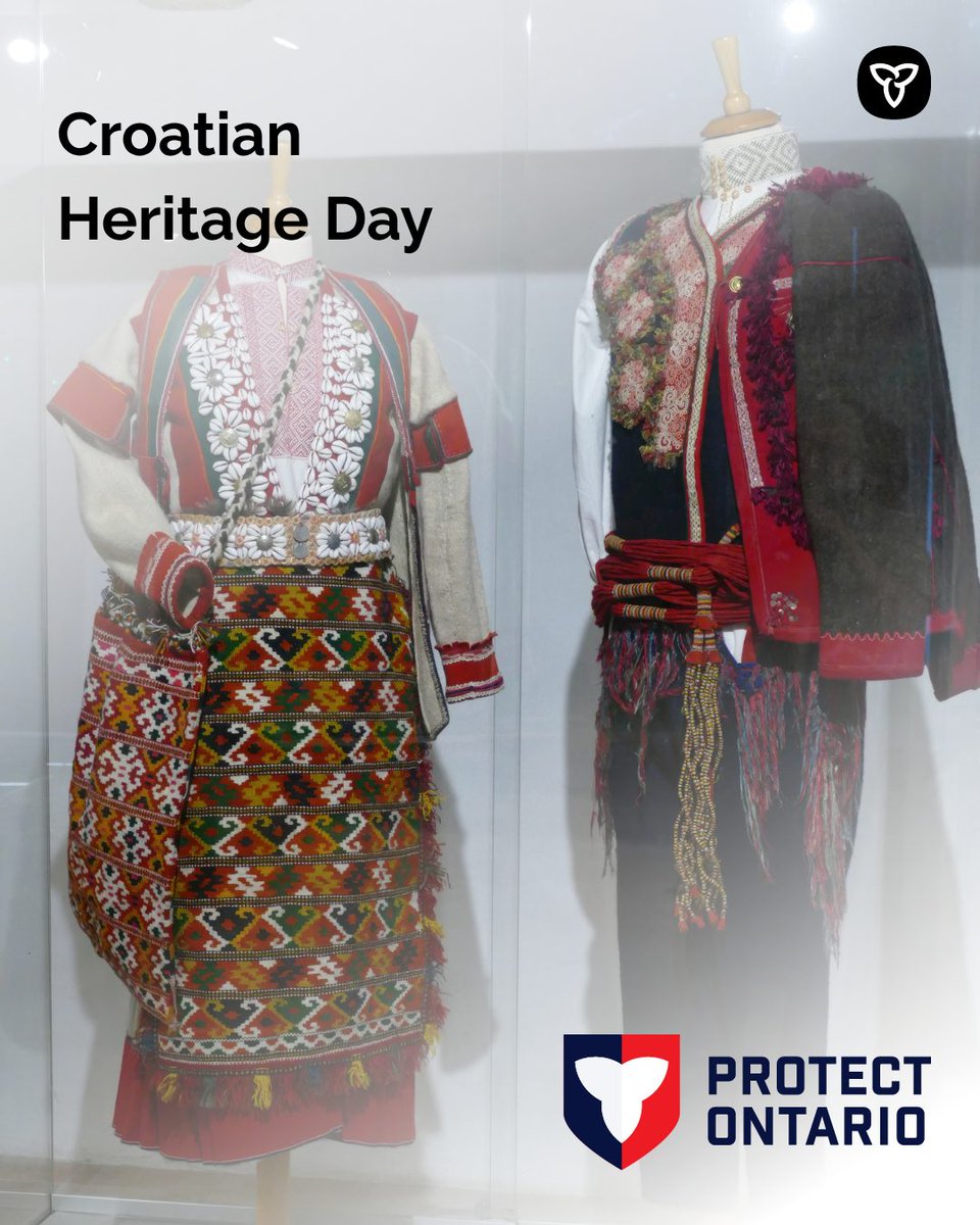 Display of two mannequins wearing traditional Croatian folk clothing. 
Image text: Croatian Heritage Day
