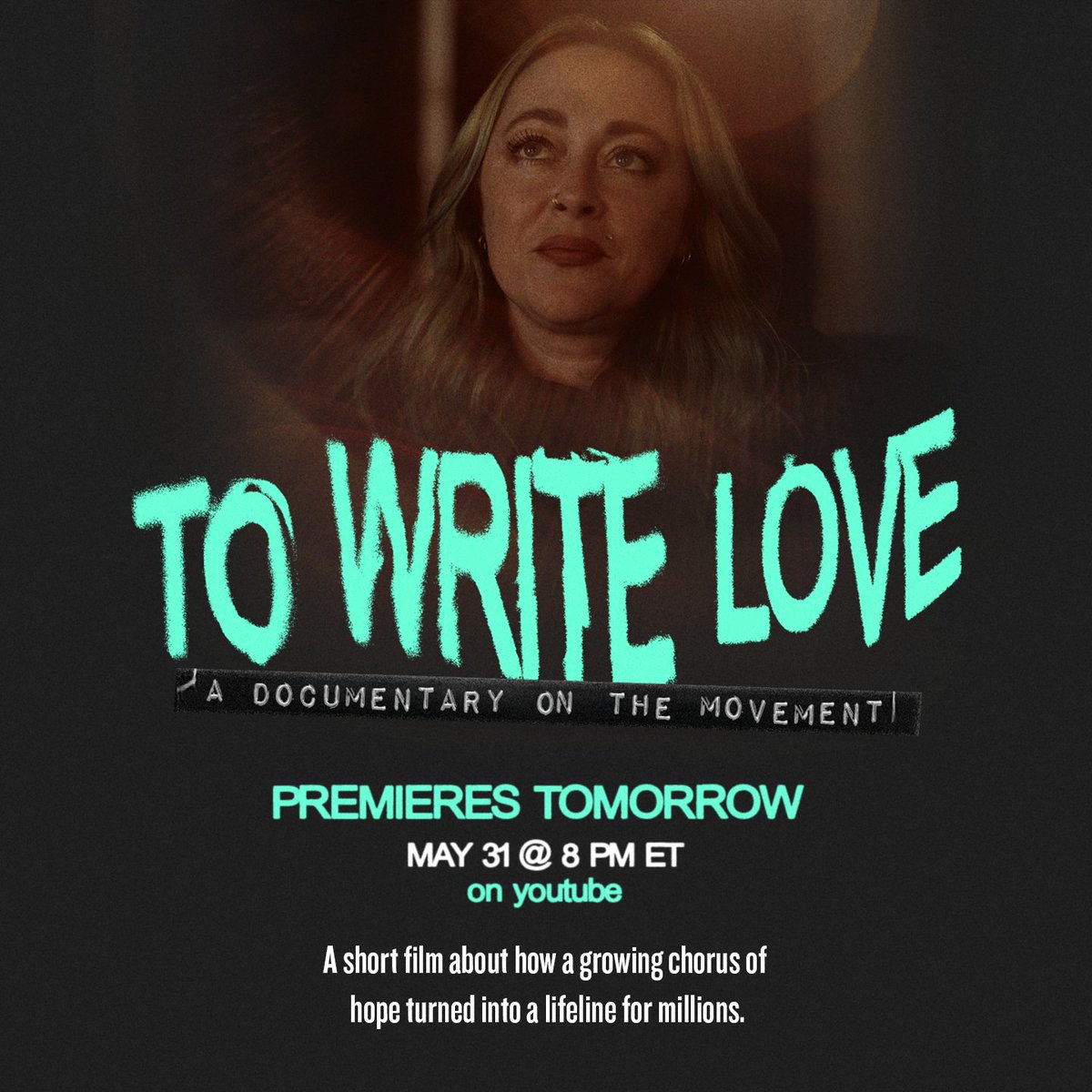 TWLOHA's tweet photo. TOMORROW!! Our documentary premieres on YouTube at 8 pm ET. 🤩 It’s a short film about how a growing chorus of hope turned into a lifeline for millions. Make sure you’re subscribed to our YouTube Channel with alerts on to get a reminder when it’s live! Visit our channel & watch the official trailer now at: https://t.co/x8NwoLZatz