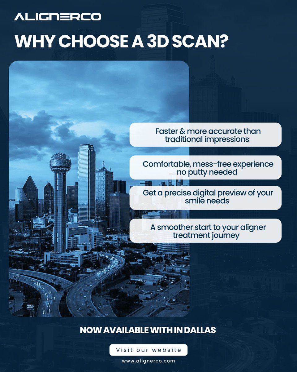 ALIGNERCO's tweet photo. A smarter way to start your smile journey 😌✨

With 3D scanning, you get a faster, more comfortable, and more accurate experience - no messy impressions needed 💙
Now available in Dallas 📍

#alignerco #3dscan #clearaligners #smilejourney #dallas https://t.co/9hqg3S6JhW