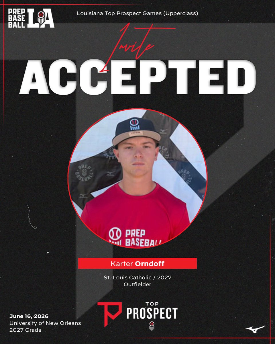 PrepBaseballLA's tweet photo. 🎟️ #𝐋𝐀𝐓𝐏𝐆𝟐𝟔 𝐈𝐧𝐯𝐢𝐭𝐞 𝐀𝐜𝐜𝐞𝐩𝐭𝐞𝐝

We’re excited to see the following players at the Upperclass Top Prospect Games on June 16th at the University of New Orleans.

‘27 Owen Nugent (Rummel)

‘27 Will Oliver (St. Paul’s)

‘27 Karter Orndoff (St. Louis Catholic)

‘27 Luke Pegler (St. Thomas Aquinas)

Event page with complete roster and all the details below ⬇️ 

#BeSeen

🖇️ https://t.co/I0hKpmdM0I