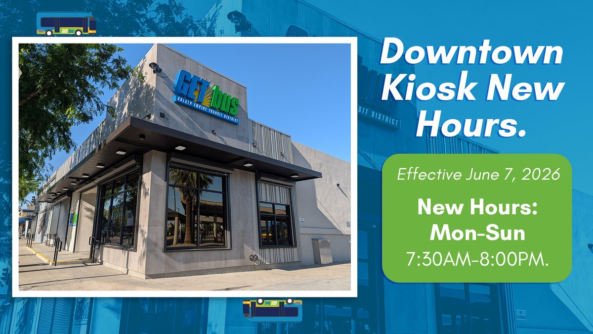GET_Bus's tweet photo. Attention GET riders. 🚌⚠️ The Downtown Kiosk at the Customer Service Center will have new hours starting June 7, 2026.  Monday-Sunday: 7:30AM-8:00PM. 🗒️ https://t.co/bMdqPgJJG6