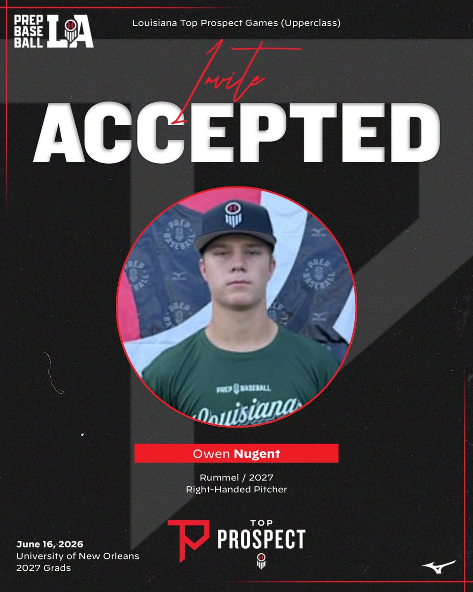 PrepBaseballLA's tweet photo. 🎟️ #𝐋𝐀𝐓𝐏𝐆𝟐𝟔 𝐈𝐧𝐯𝐢𝐭𝐞 𝐀𝐜𝐜𝐞𝐩𝐭𝐞𝐝

We’re excited to see the following players at the Upperclass Top Prospect Games on June 16th at the University of New Orleans.

‘27 Owen Nugent (Rummel)

‘27 Will Oliver (St. Paul’s)

‘27 Karter Orndoff (St. Louis Catholic)

‘27 Luke Pegler (St. Thomas Aquinas)

Event page with complete roster and all the details below ⬇️ 

#BeSeen

🖇️ https://t.co/I0hKpmdM0I