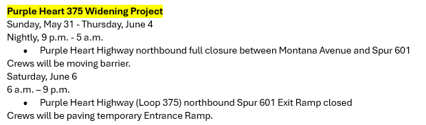 txdotelp's tweet photo. ‼️PLAN AHEAD‼️
Nightly Purple Heart NB closures coming up. https://t.co/qfVPzOrZQ8