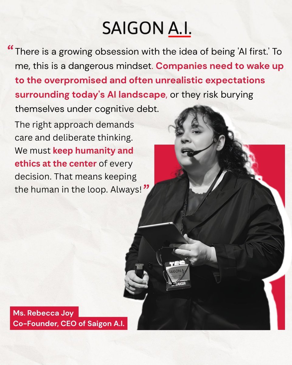SaigonAI's tweet photo. "AI first" sounds ambitious. But at what cost?

Our CEO, @RebeccaJoy92, says what most in the industry won't.

The companies winning tomorrow are the ones thinking carefully today.

#AI #TechLeadership #ResponsibleAI #HumanInTheLoop #SaigonAI #AICompanyInVietnam https://t.co/3TlTDRDOcZ
